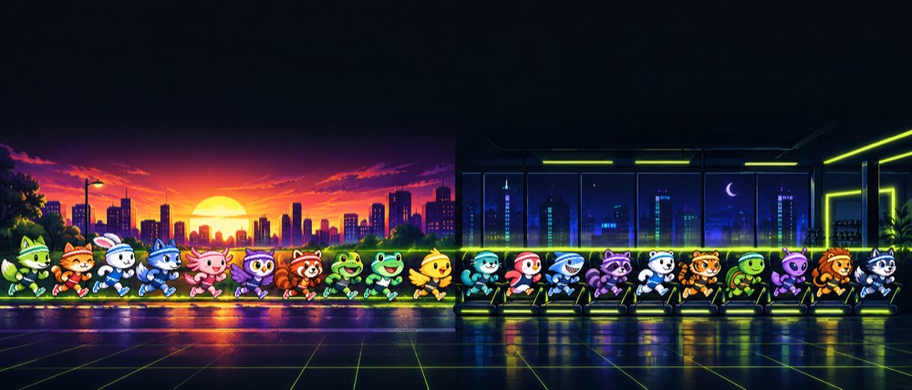 Pixel-art runners crossing a city at dawn and continuing straight onto the treadmills of a night-time gym.