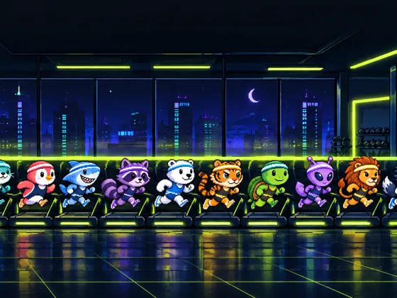 Pixel-art runners side by side on treadmills in a night-time gym.