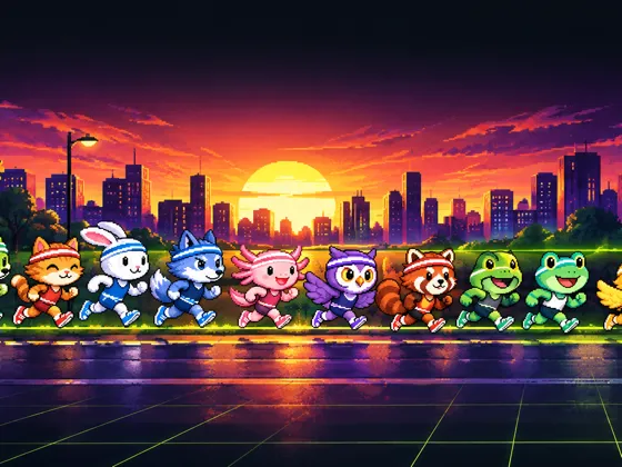 Pixel-art runners side by side on a city street at sunset.